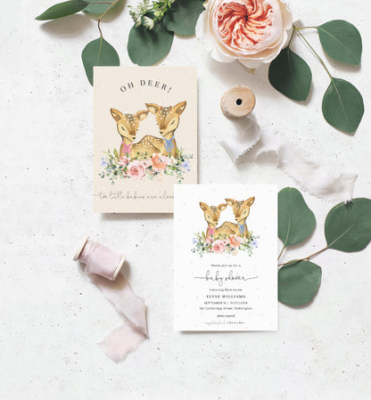 Oh Deer Champagne | Twins Baby Shower Invitation Suite - Black Bow Studio