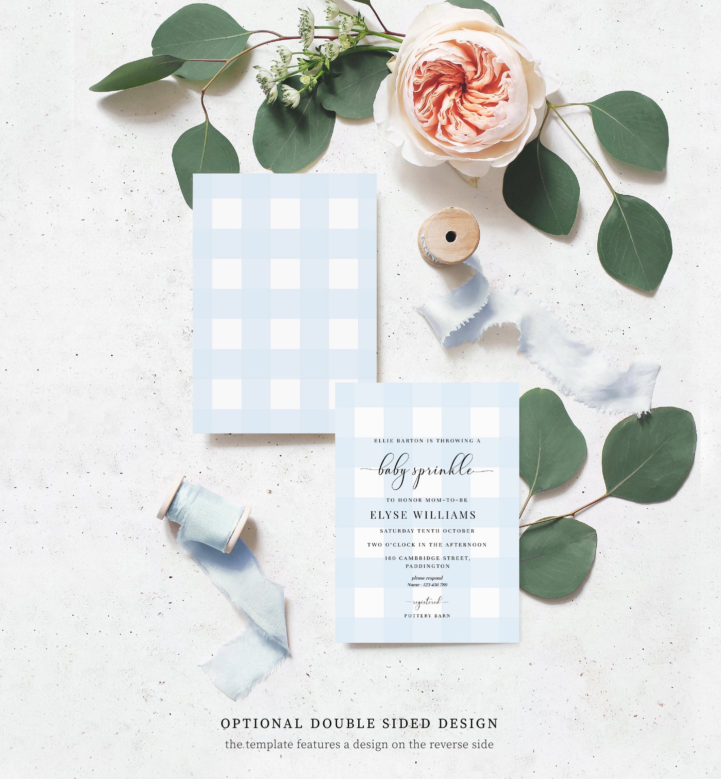 Gingham Blue | Printable Baby Sprinkle Invitation Suite Template