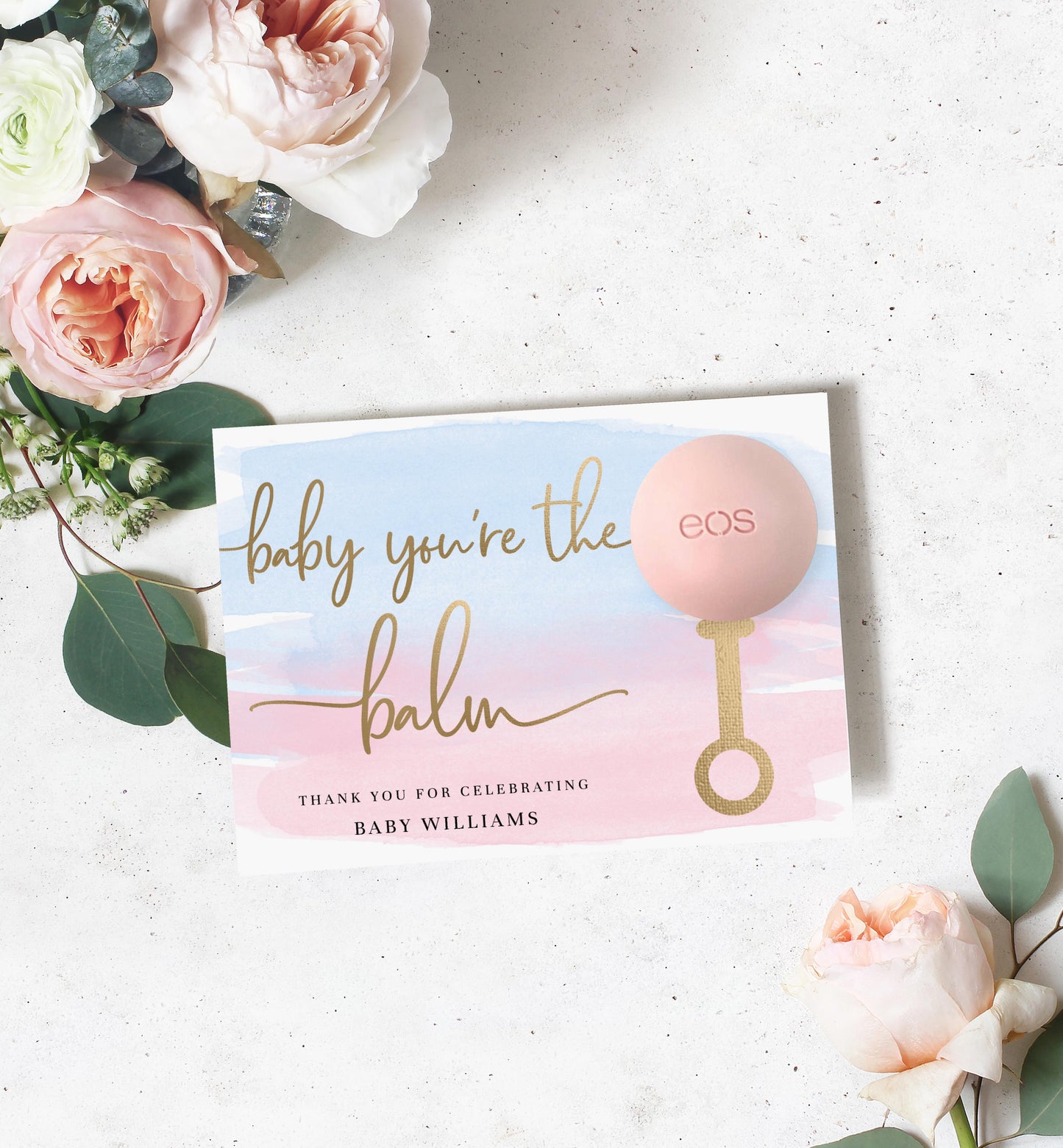 Watercolour Pink Blue | Printable Baby You're The Balm Favour Card