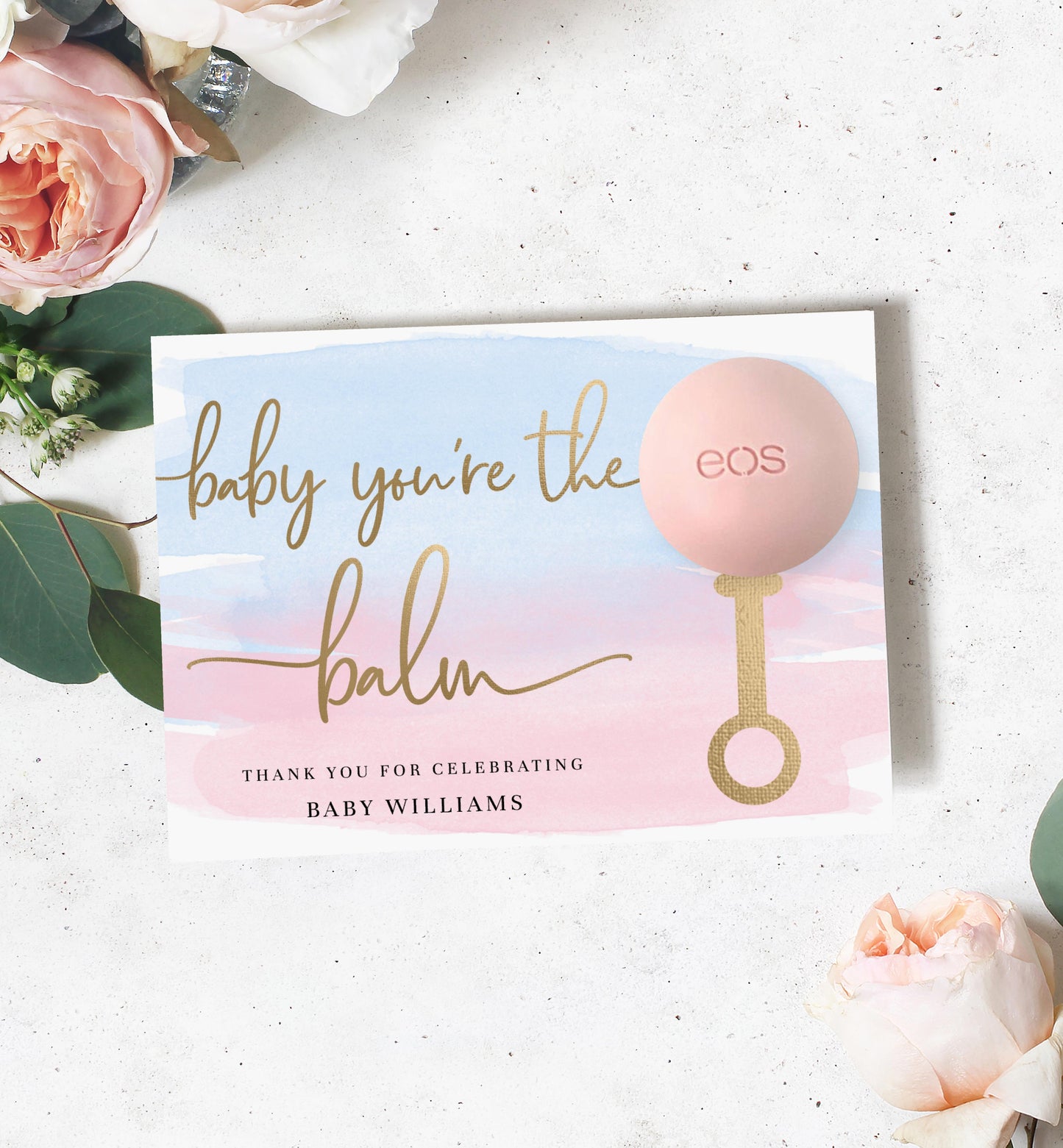 Watercolour Pink Blue | Printable Baby You're The Balm Favour Card