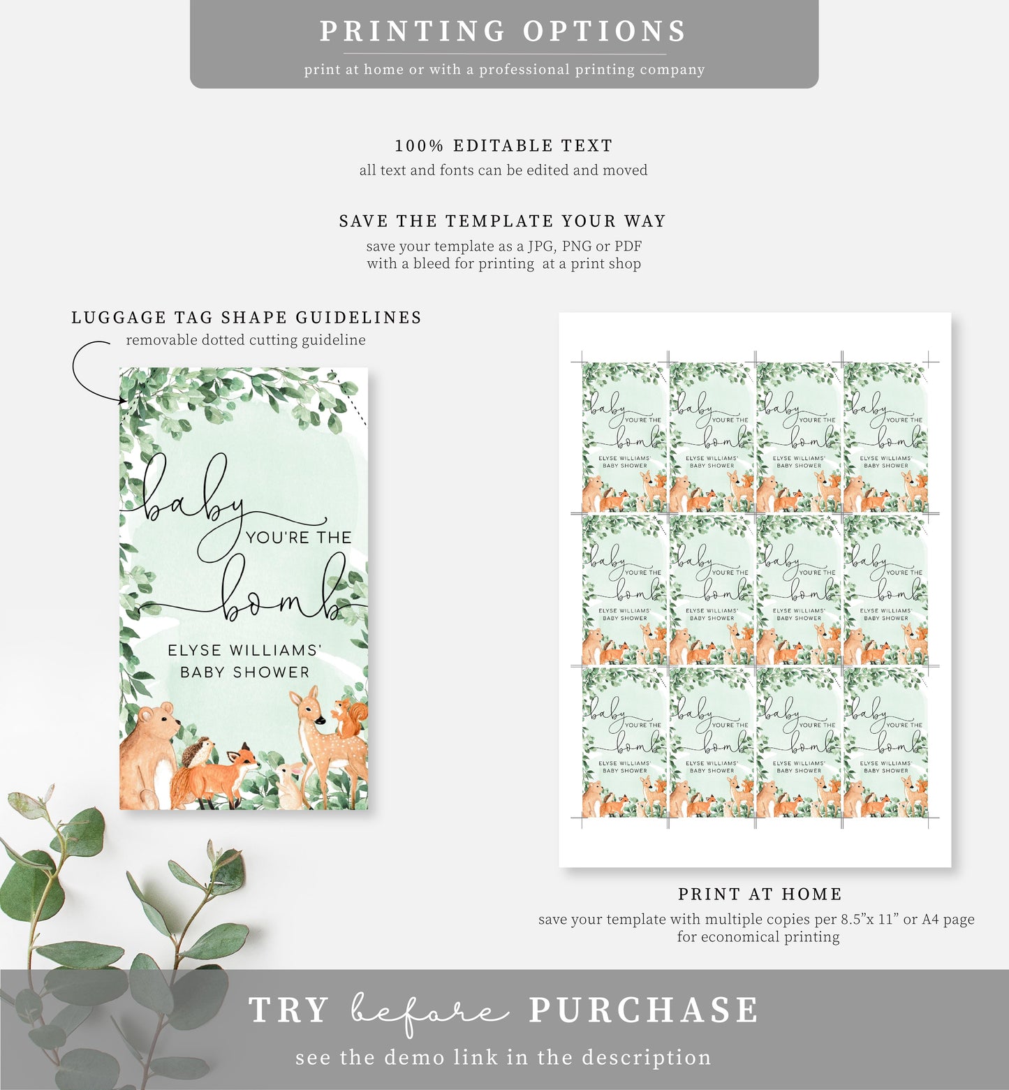 Woodland Animals Green | Printable Bath Bomb Favour Tags