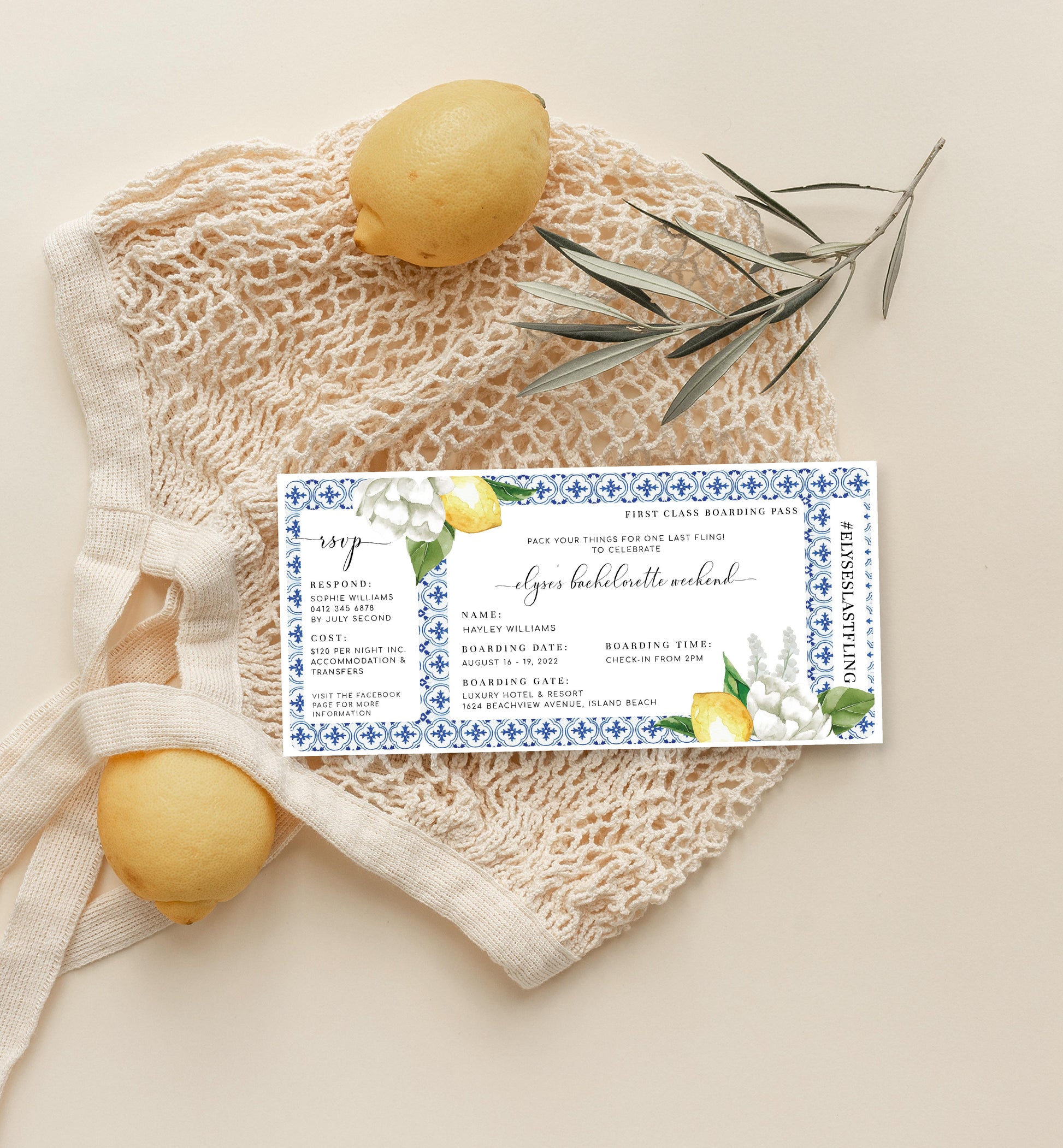 The Med Lemons | Printable Bachelorette Boarding Pass Invitation - Black Bow Studio