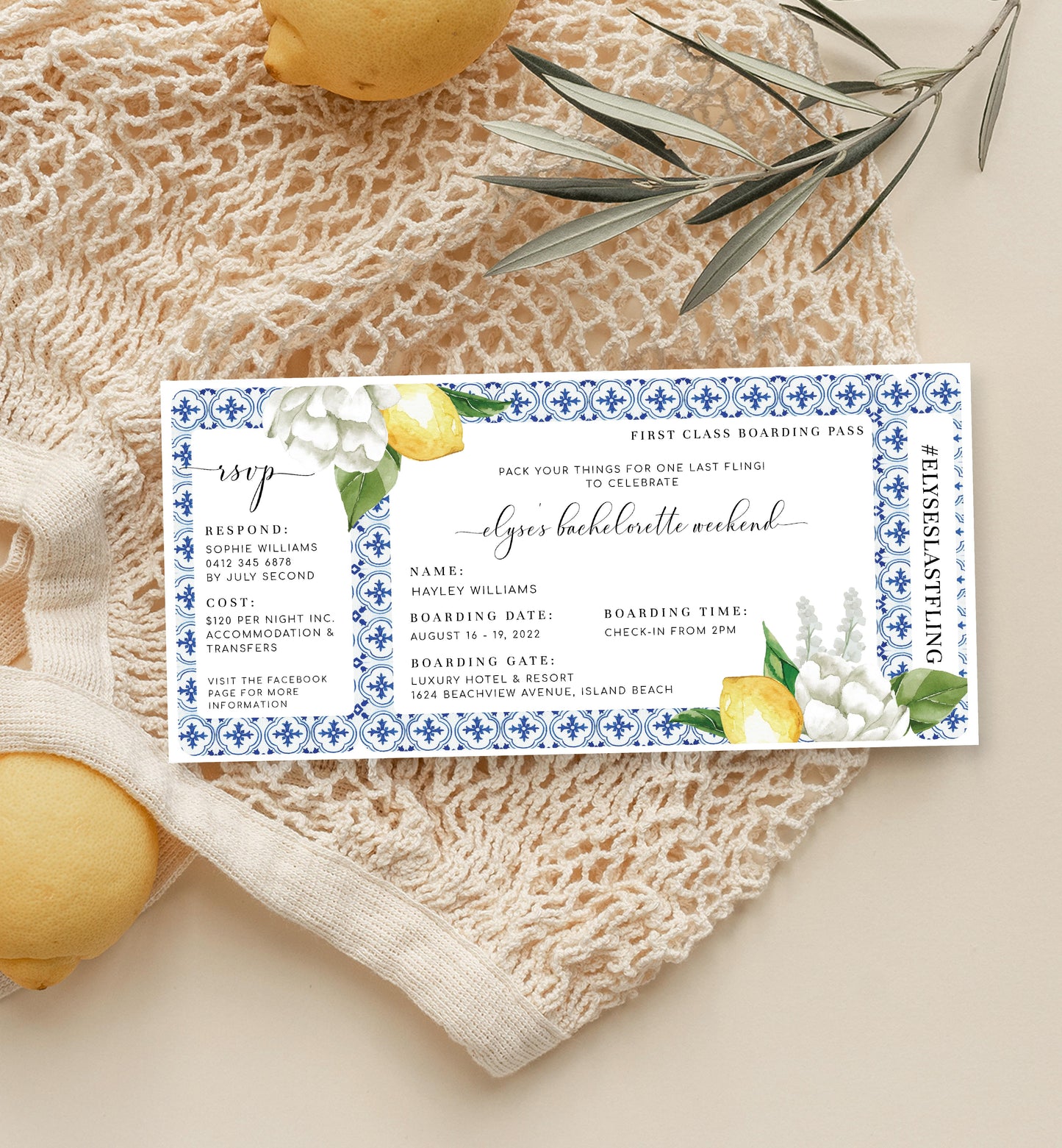 The Med Lemons | Printable Bachelorette Boarding Pass Invitation - Black Bow Studio