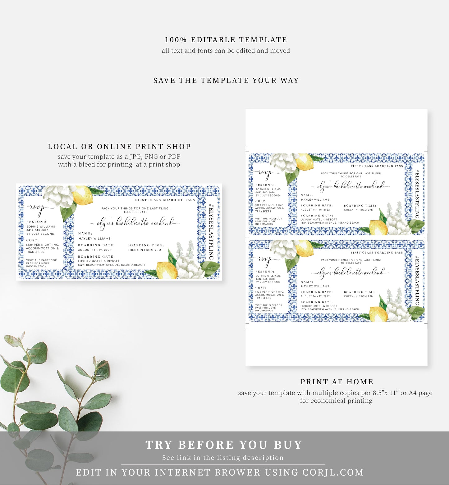 The Med Lemons | Printable Bachelorette Boarding Pass Invitation - Black Bow Studio