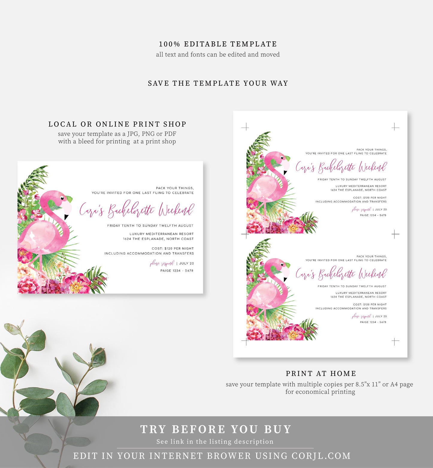 Laguna Flamingo | Printable Bachelorette Weekend Invitation Suite - Black Bow Studio