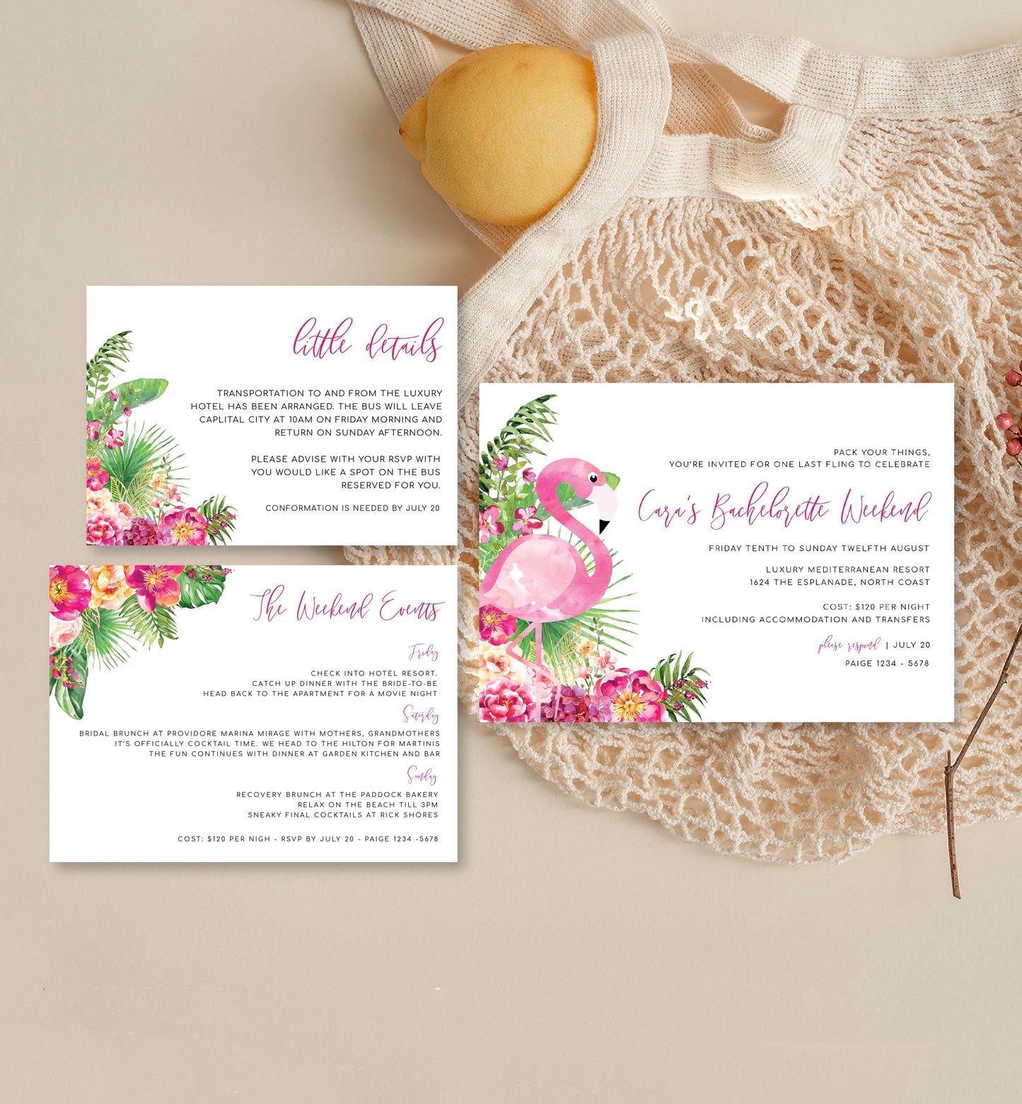 Laguna Flamingo | Printable Bachelorette Weekend Invitation Suite - Black Bow Studio