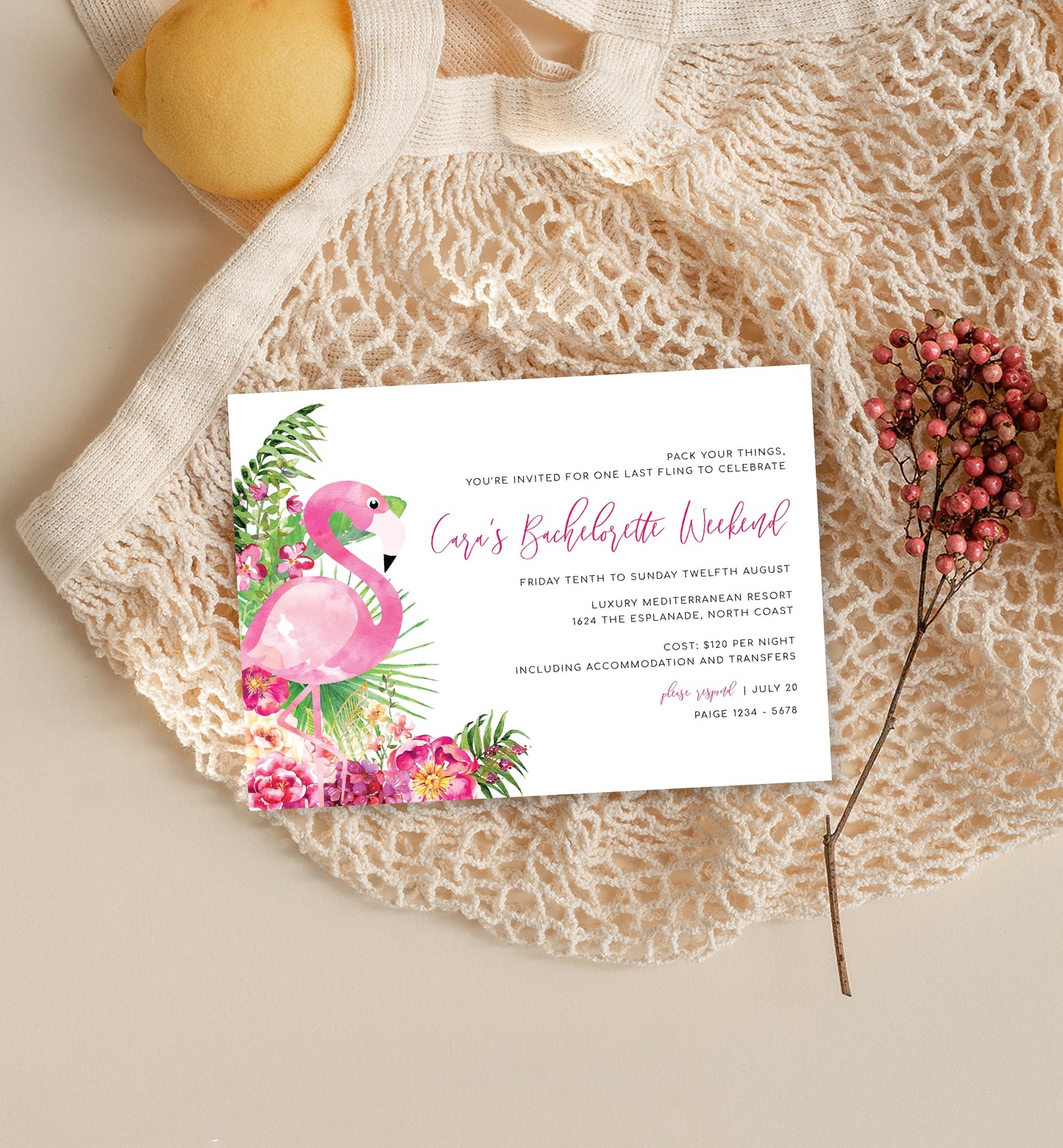 Laguna Flamingo | Printable Bachelorette Weekend Invitation Suite - Black Bow Studio