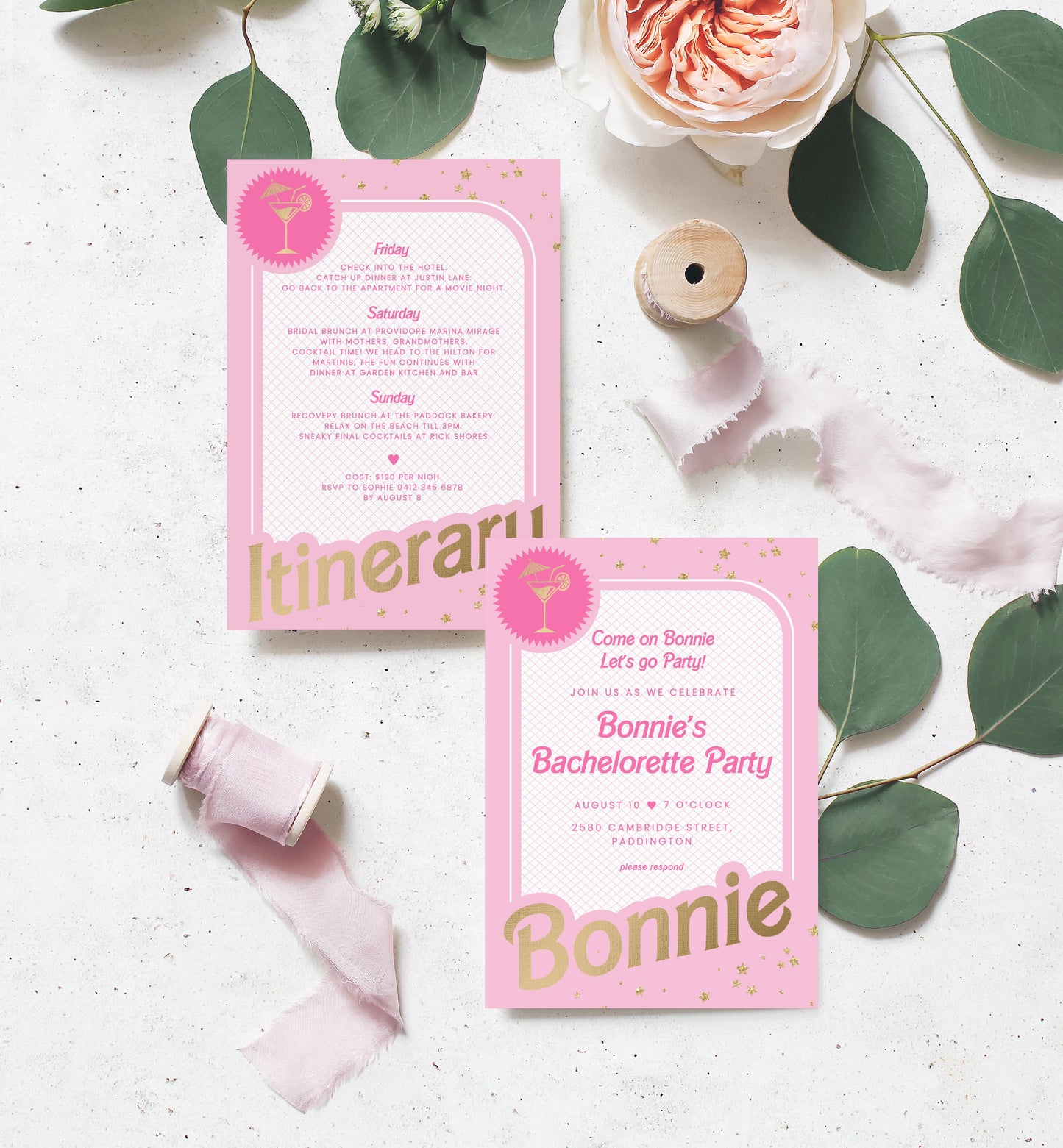 Barbie Party Pink Gold | Printable Bachelorette Party Invitation and Itinerary Template