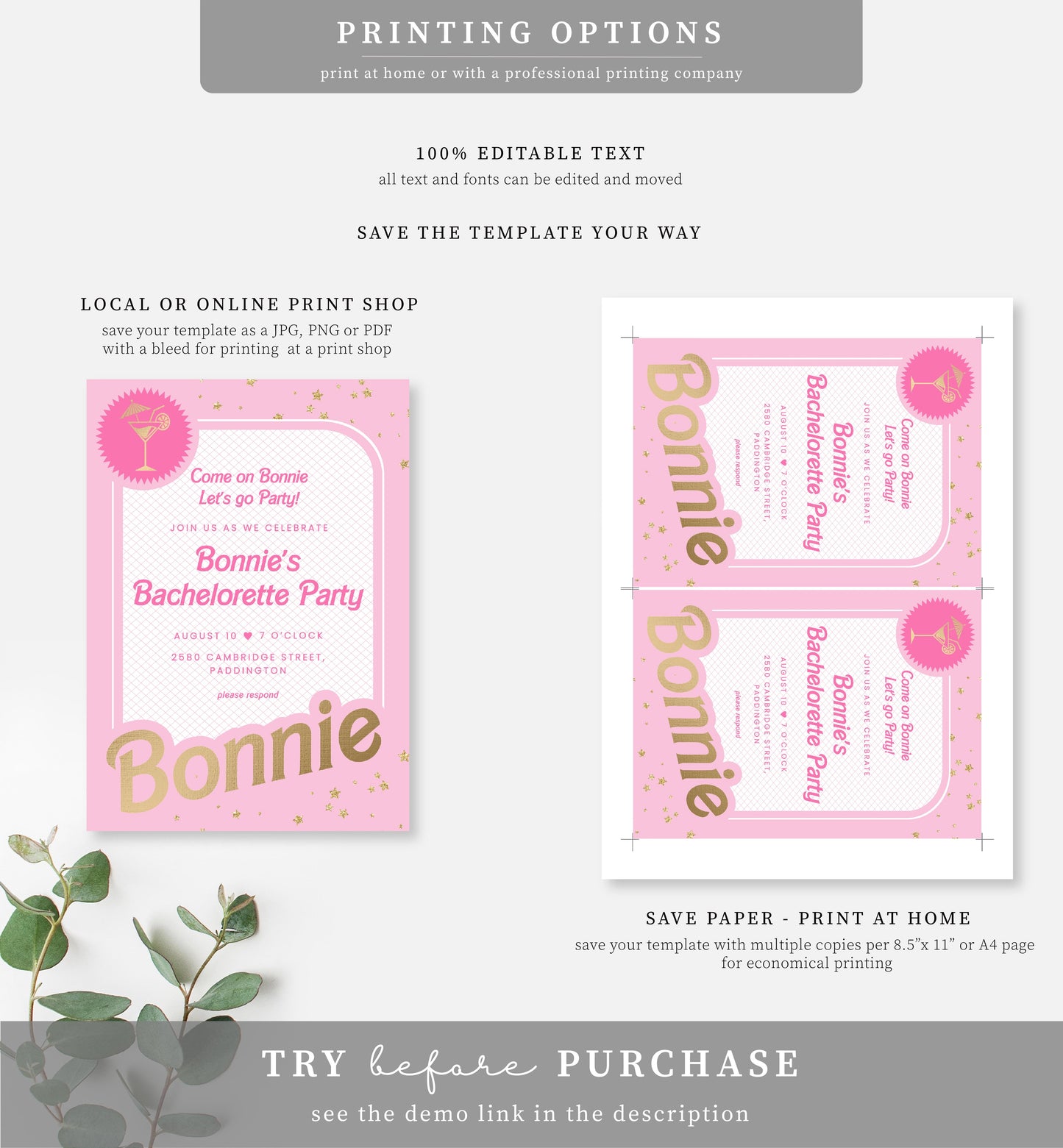 Barbie Party Pink Gold | Printable Bachelorette Party Invitation and Itinerary Template