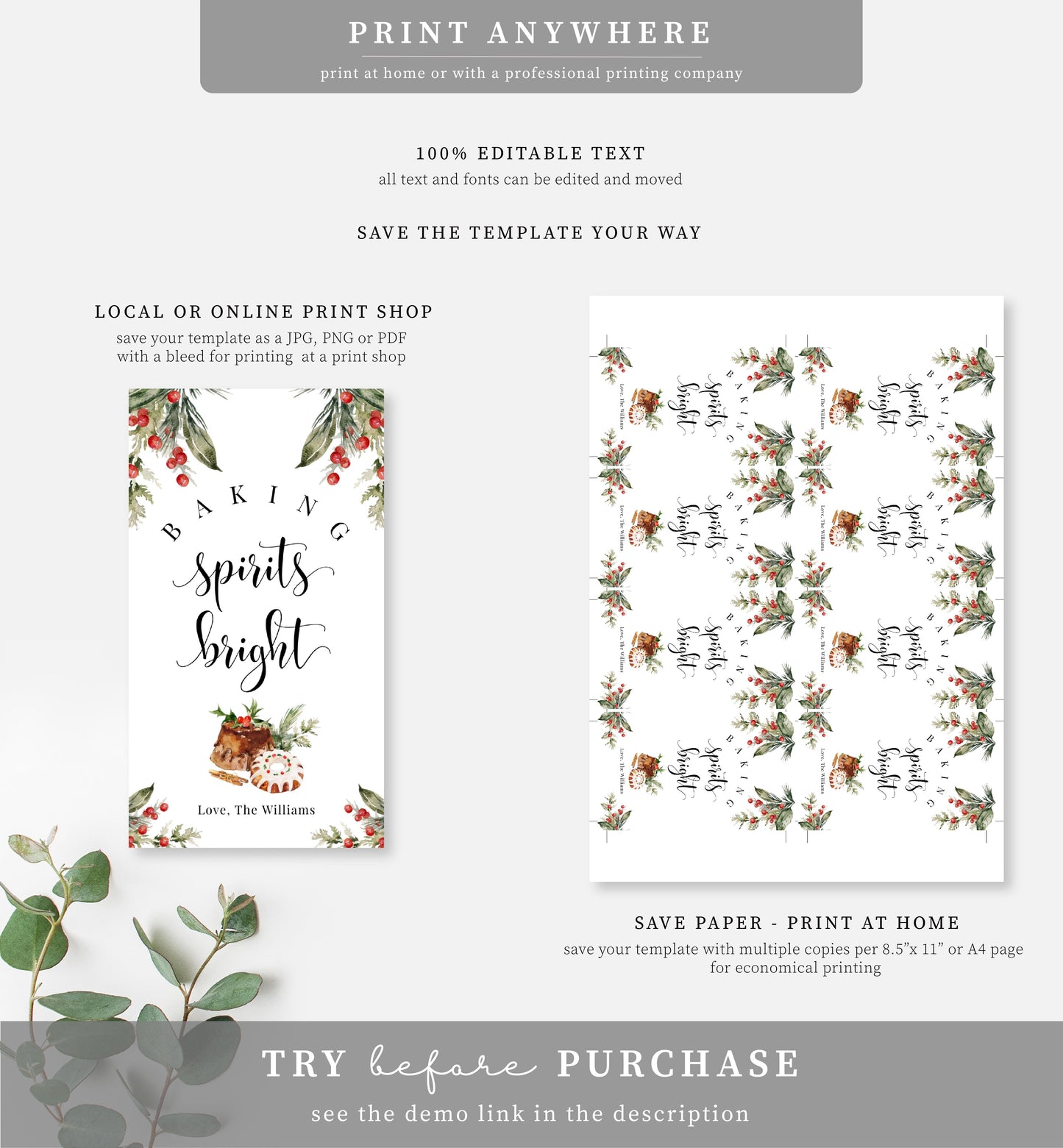 Nutmeg Noel | Printable Baking Spirits Bright Christmas Gift Tag Template