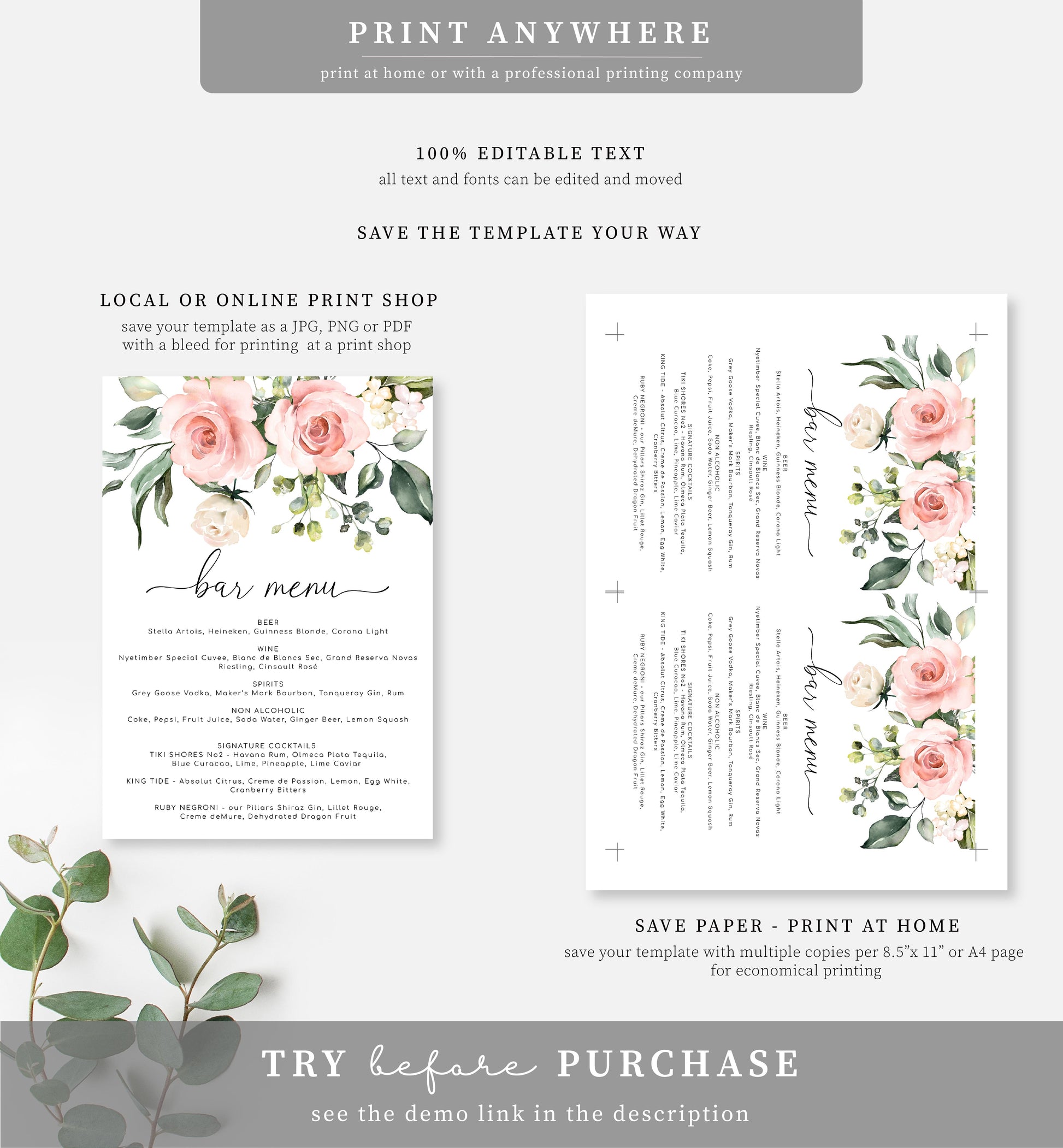 Darcy Floral Pink | Printable Bar Menu Sign Template - Black Bow Studio
