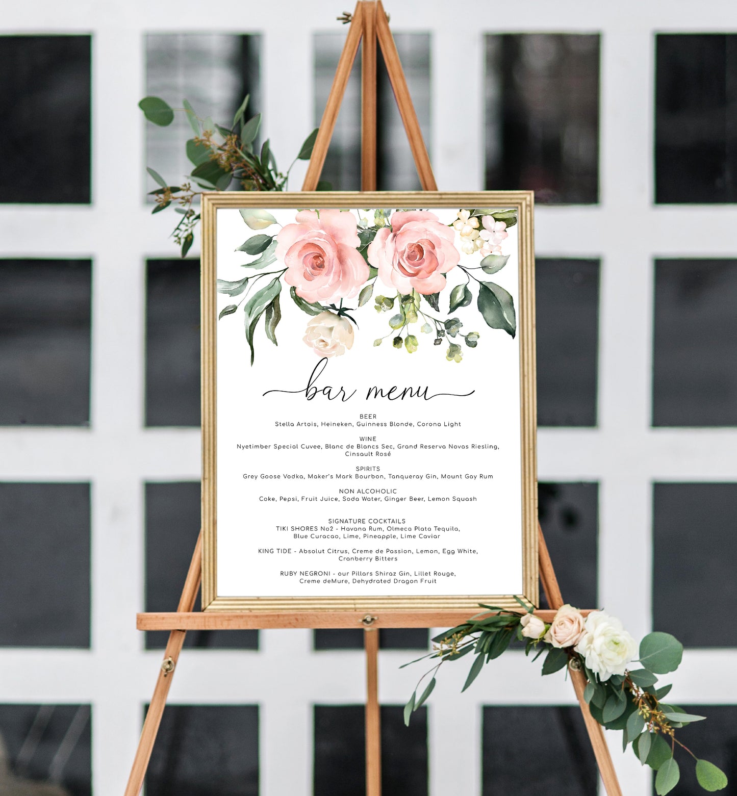 Darcy Floral Pink | Printable Bar Menu Sign Template - Black Bow Studio