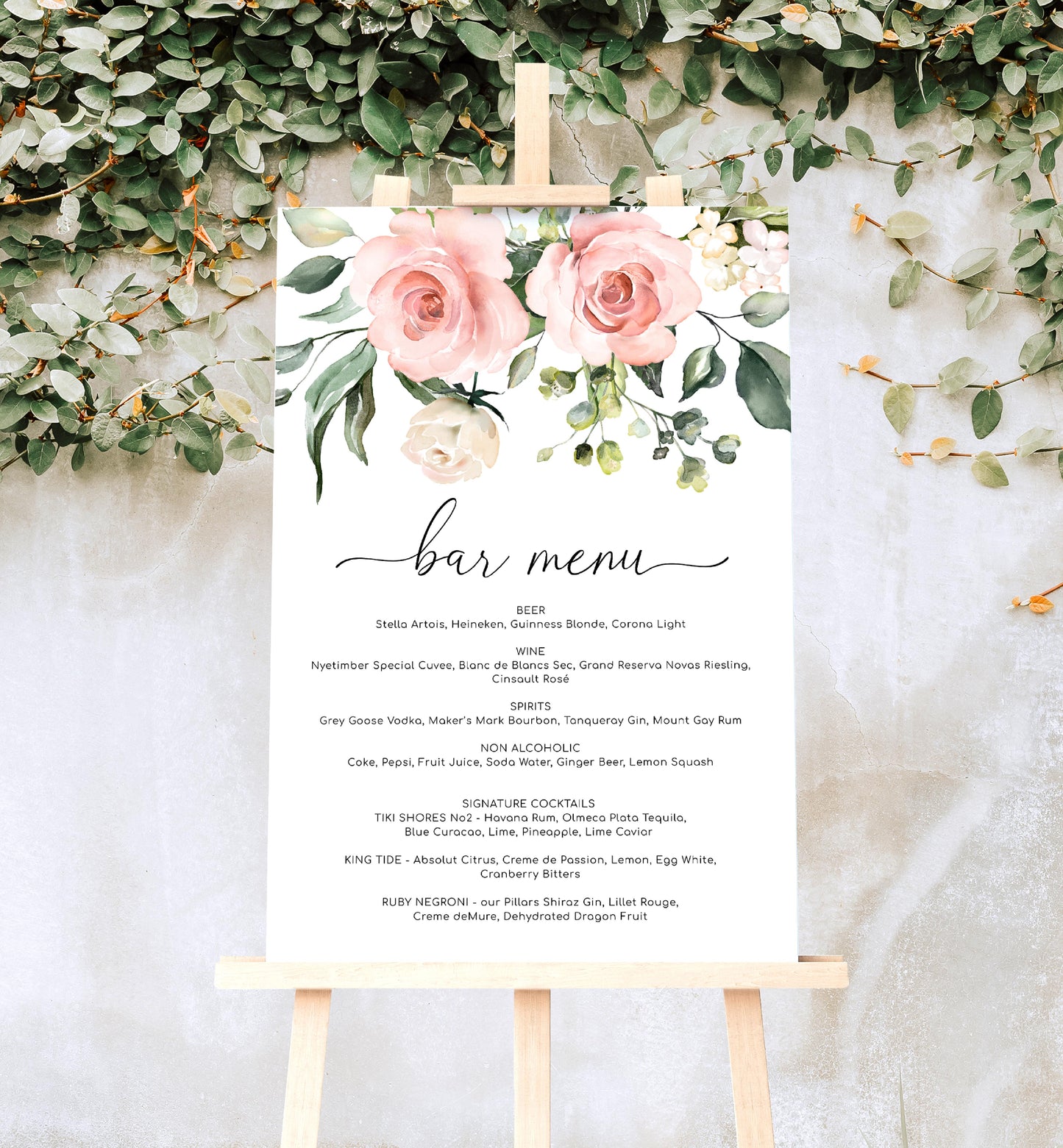 Darcy Floral Pink | Printable Bar Menu Sign Template - Black Bow Studio