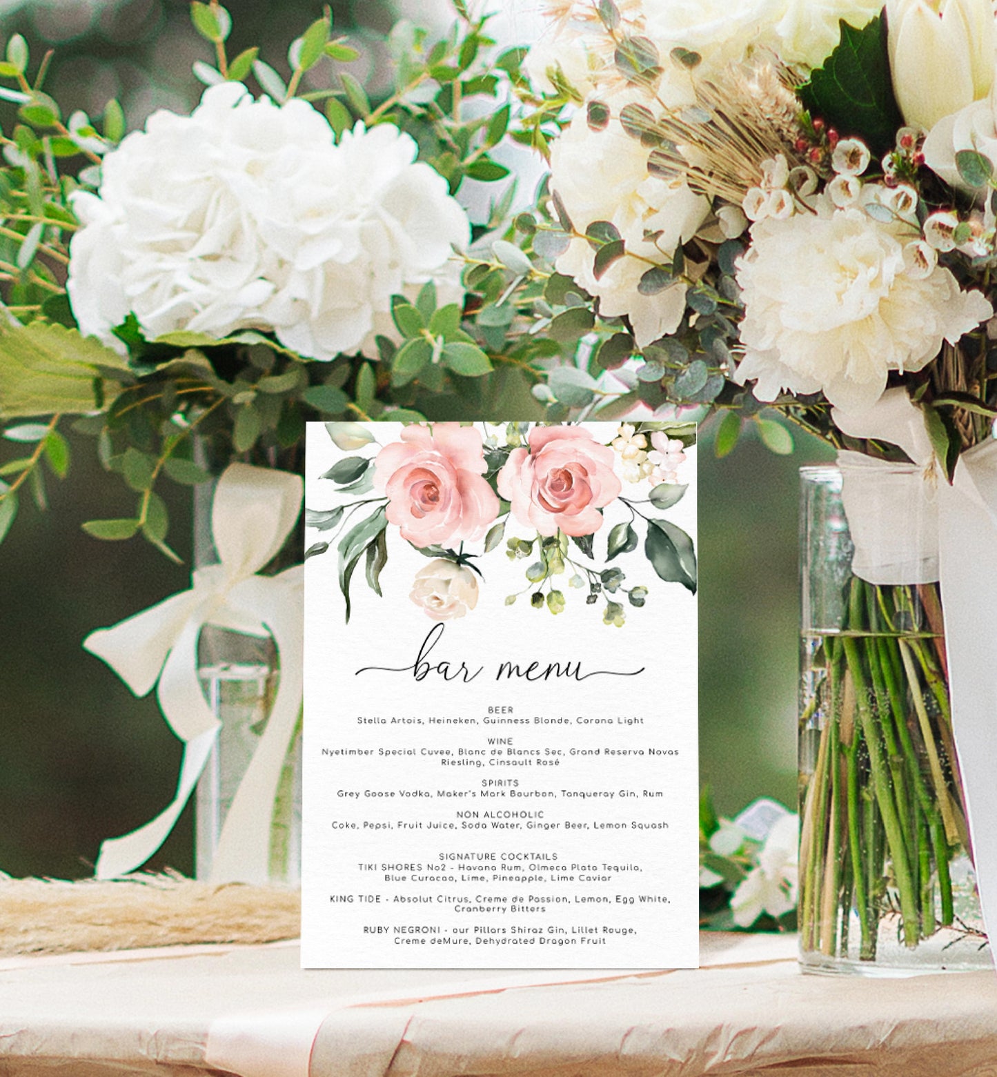 Darcy Floral Pink | Printable Bar Menu Sign Template - Black Bow Studio