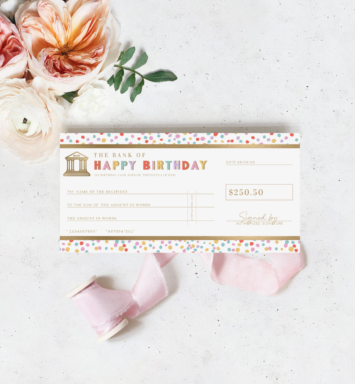 Dot Multi | Printable Birthday Cheque Gift Voucher Template – Black Bow ...