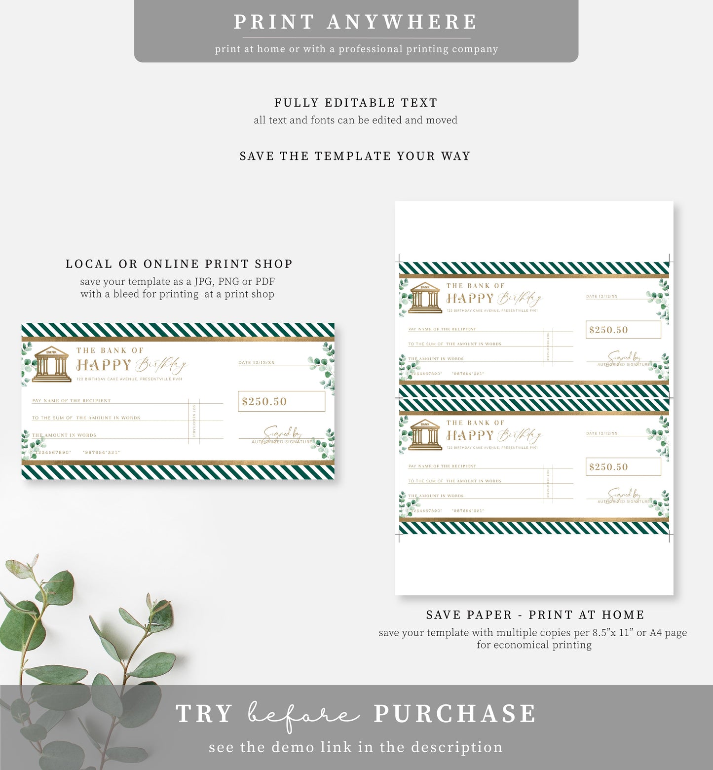 Ferras Green Gold | Printable Birthday Cheque Gift Voucher Template
