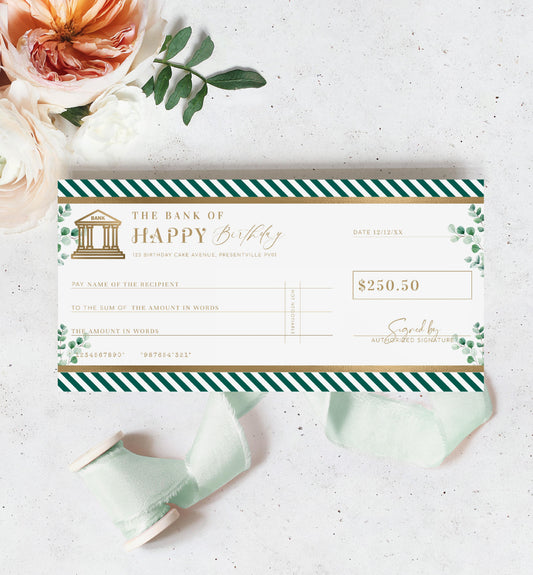 Ferras Green Gold | Printable Birthday Cheque Gift Voucher Template