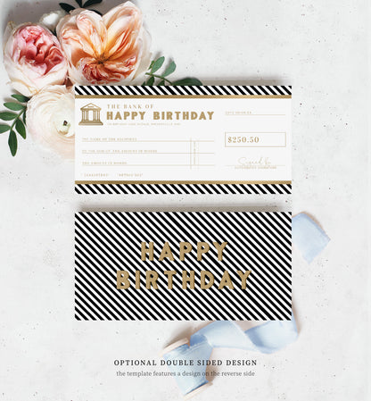 Stripe Black Gold | Printable Birthday Cheque Gift Voucher Template