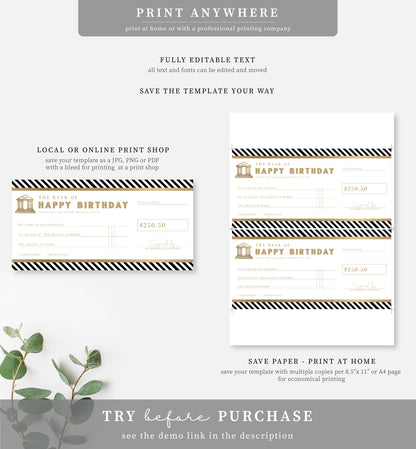 Stripe Black Gold | Printable Birthday Cheque Gift Voucher Template