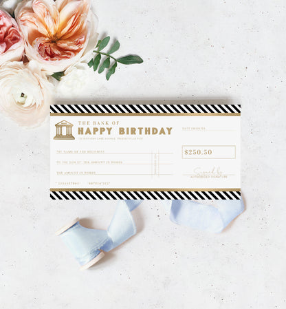 Stripe Black Gold | Printable Birthday Cheque Gift Voucher Template
