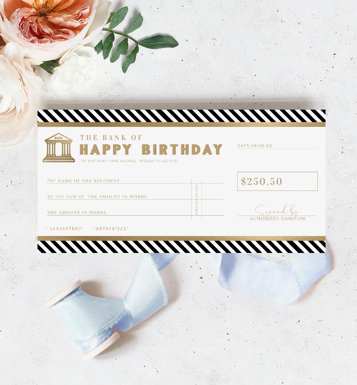 Stripe Black Gold | Printable Birthday Cheque Gift Voucher Template