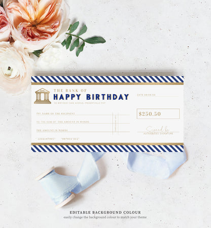 Stripe Black Gold | Printable Birthday Cheque Gift Voucher Template
