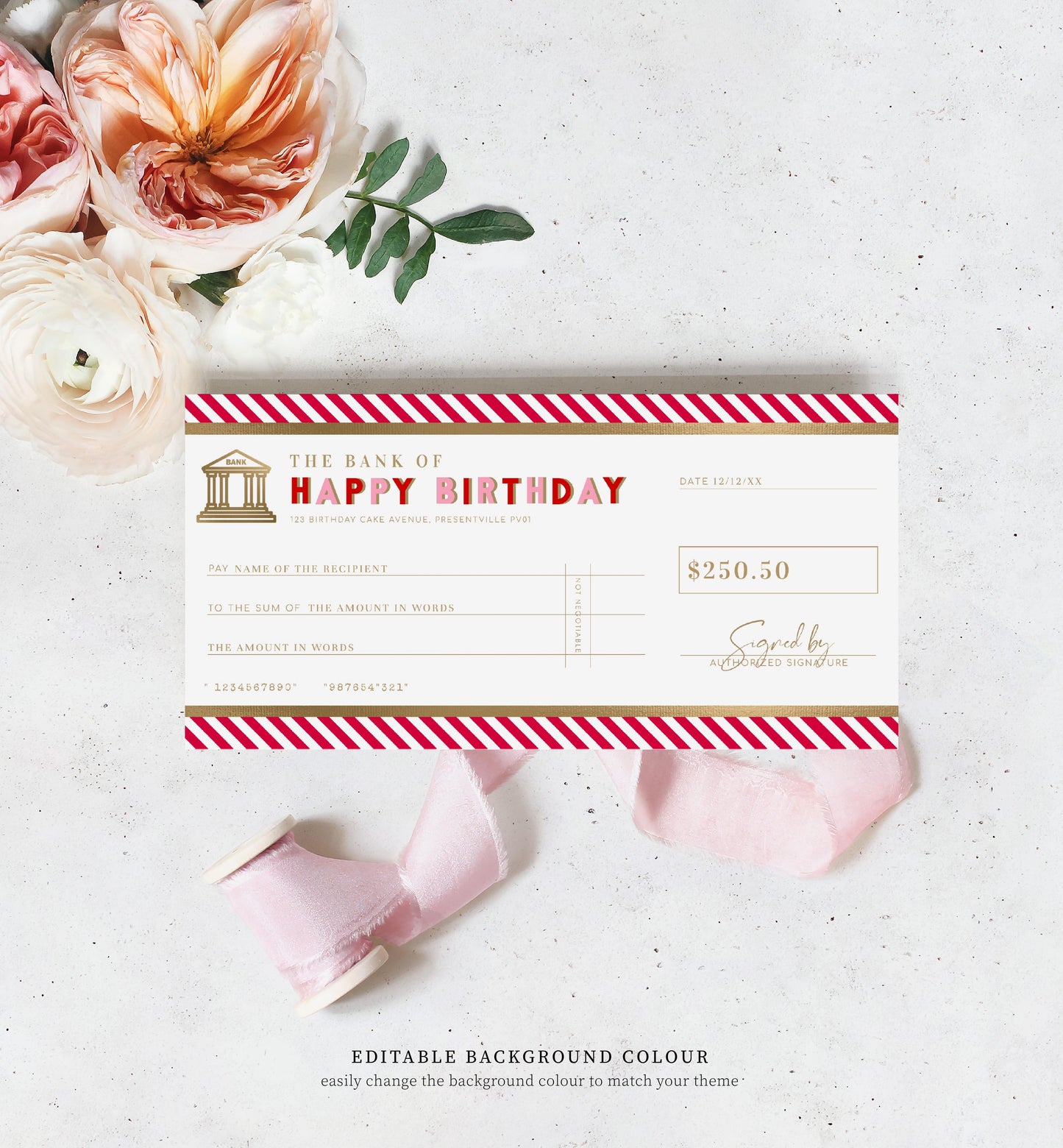 Stripe Pink Red Gold | Printable Birthday Cheque Gift Voucher Template