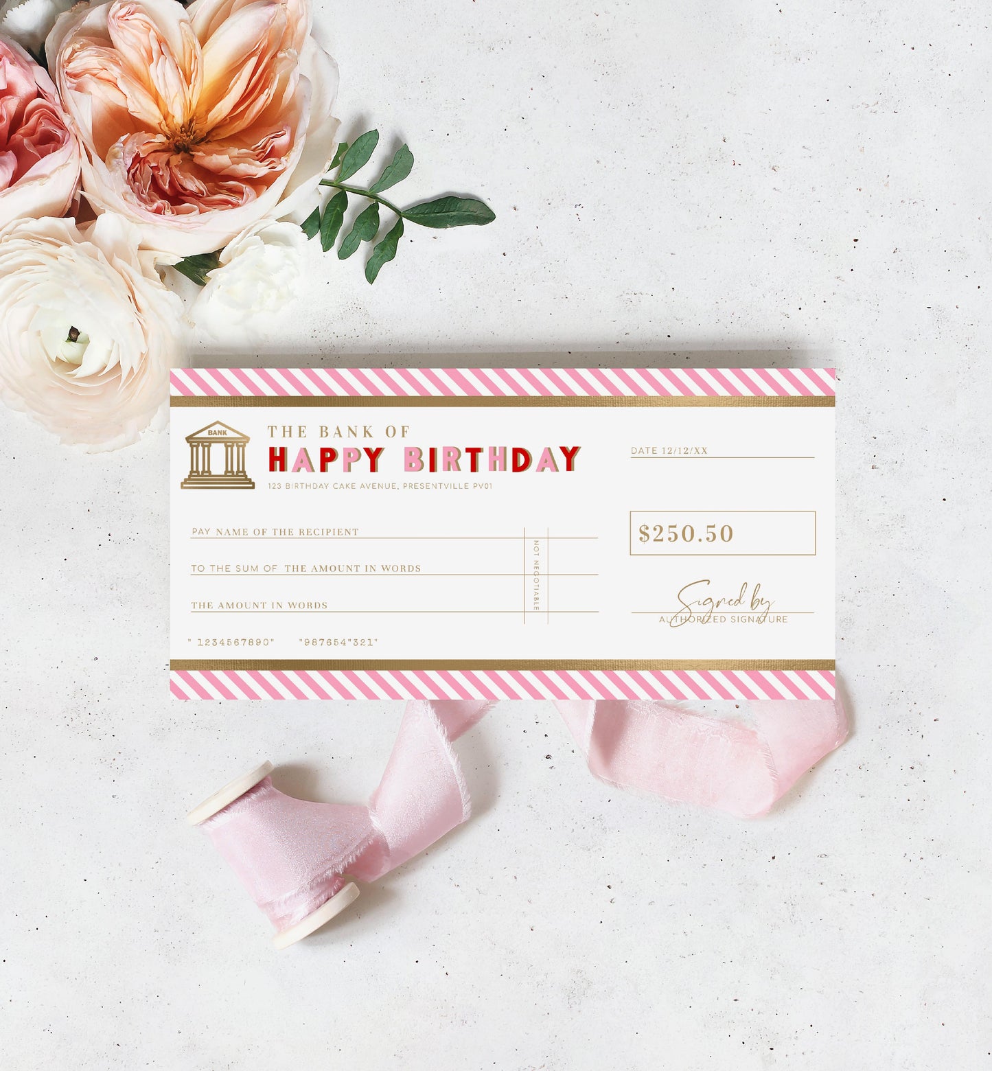 Stripe Pink Red Gold | Printable Birthday Cheque Gift Voucher Template