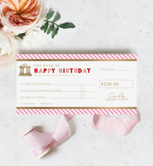 Stripe Pink Red Gold | Printable Birthday Cheque Gift Voucher Template