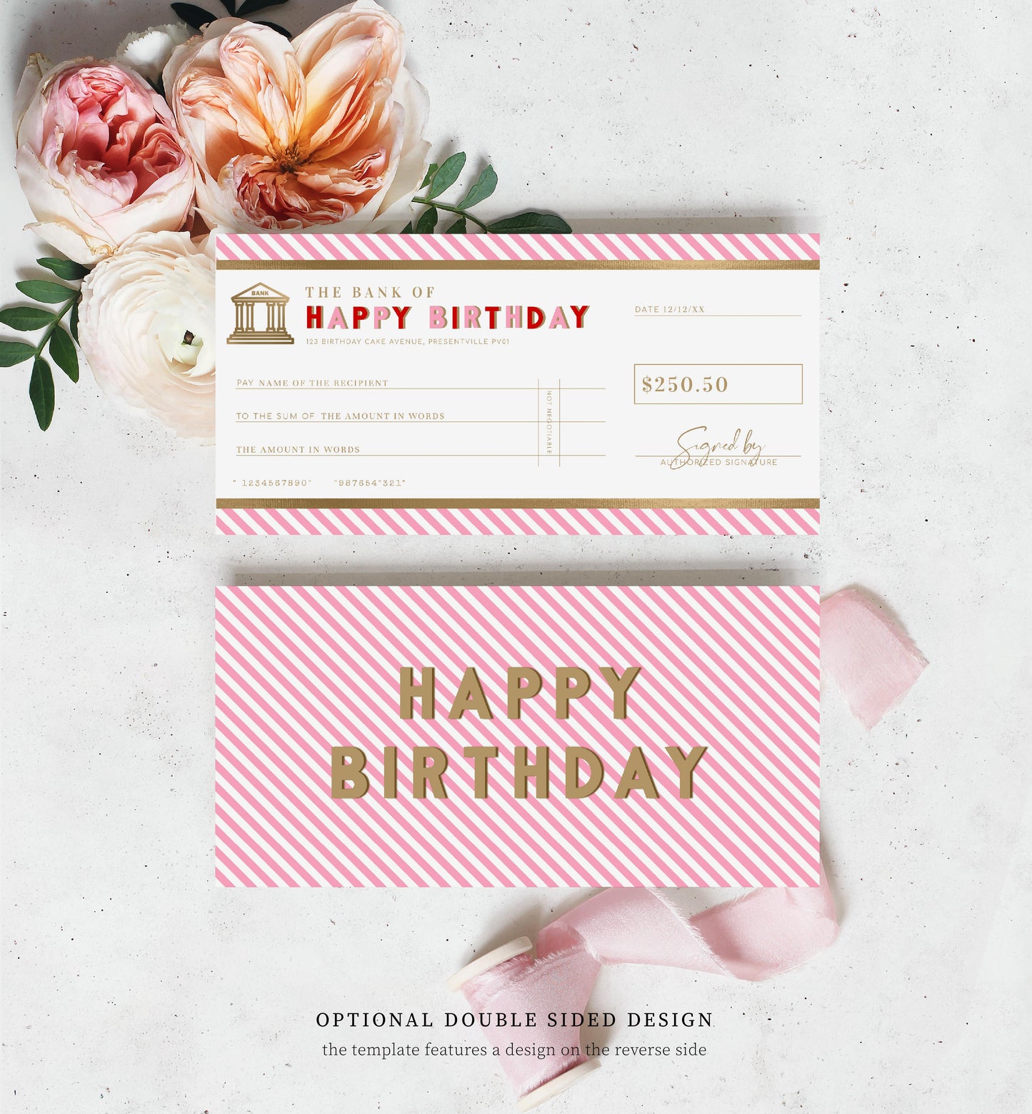 Stripe Pink Red Gold | Printable Birthday Cheque Gift Voucher Template