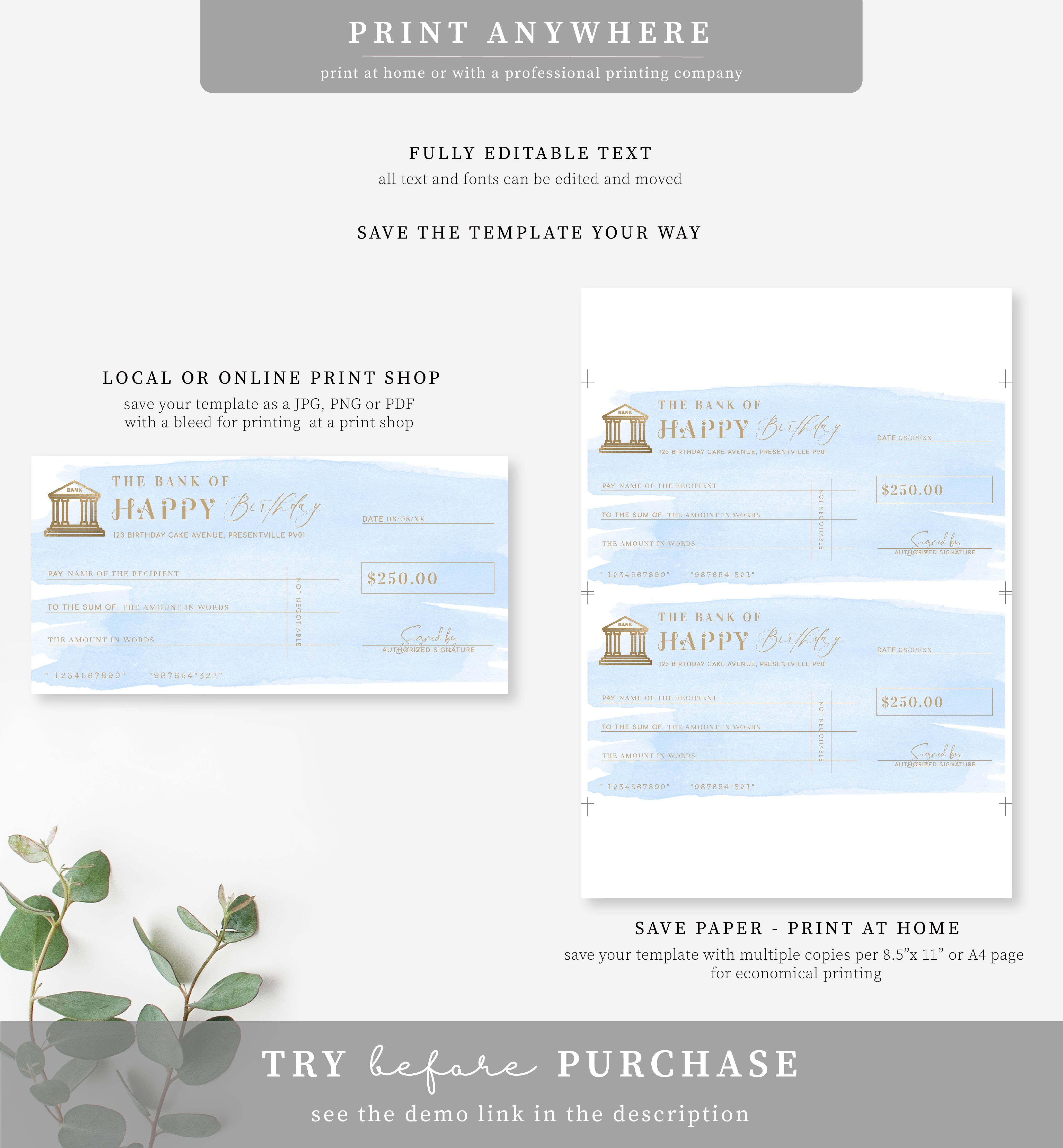 Watercolour Blue | Printable Birthday Cheque Gift Voucher Template ...