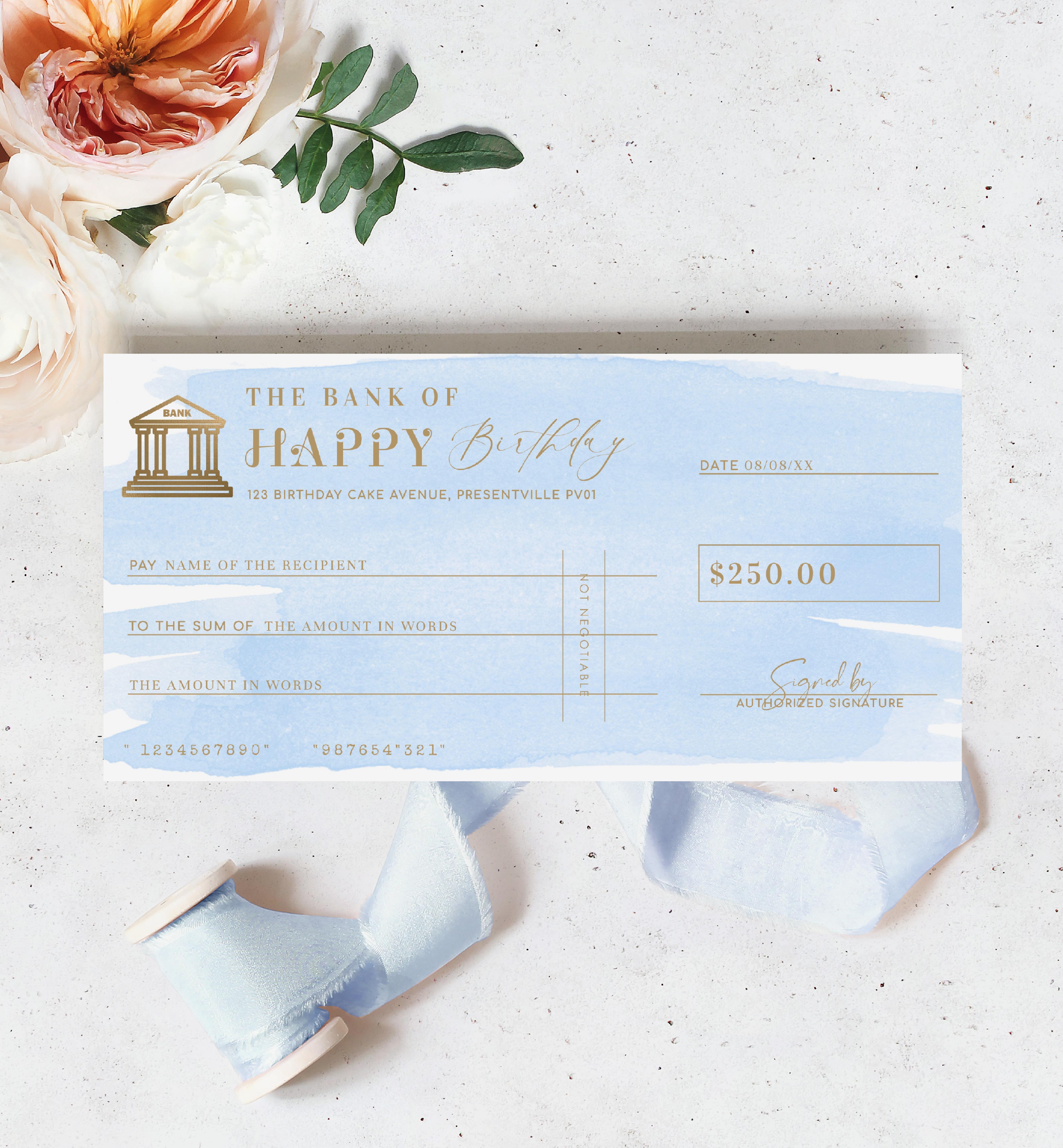 Watercolour Blue | Printable Birthday Cheque Gift Voucher Template ...