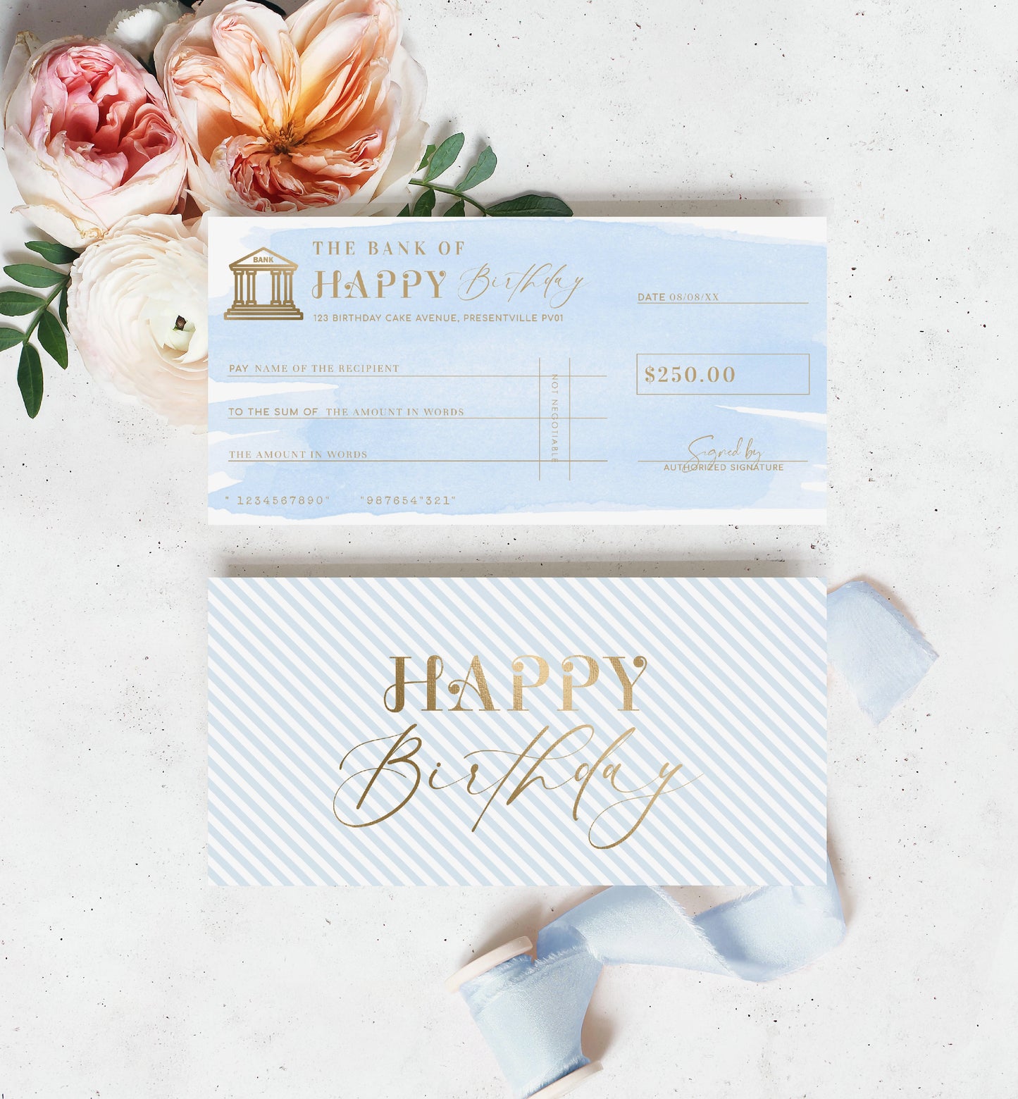 Watercolour Blue | Printable Birthday Cheque Gift Voucher Template