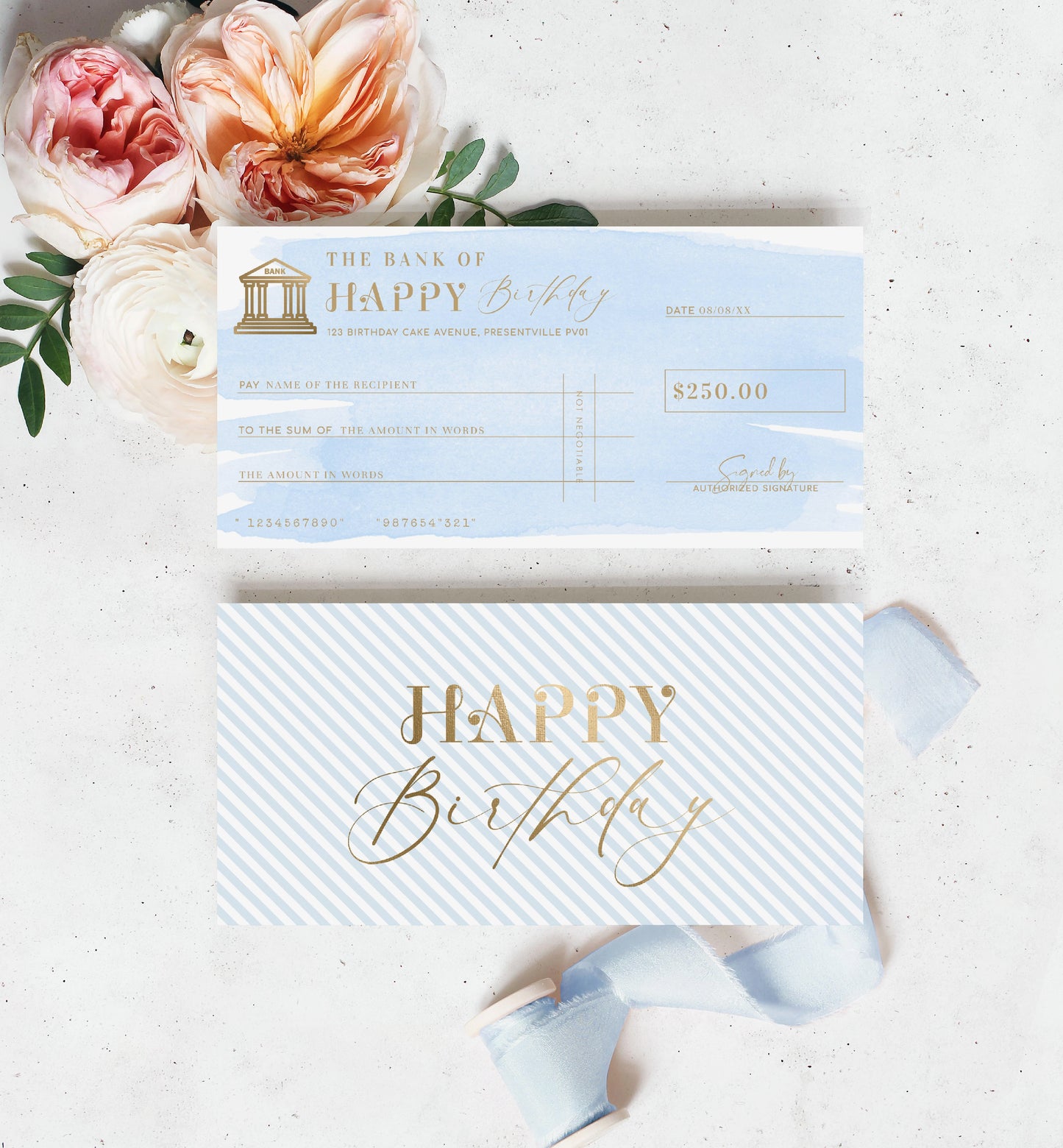 Watercolour Blue | Printable Birthday Cheque Gift Voucher Template