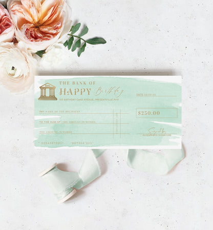 Watercolour Green | Printable Birthday Cheque Gift Voucher Template