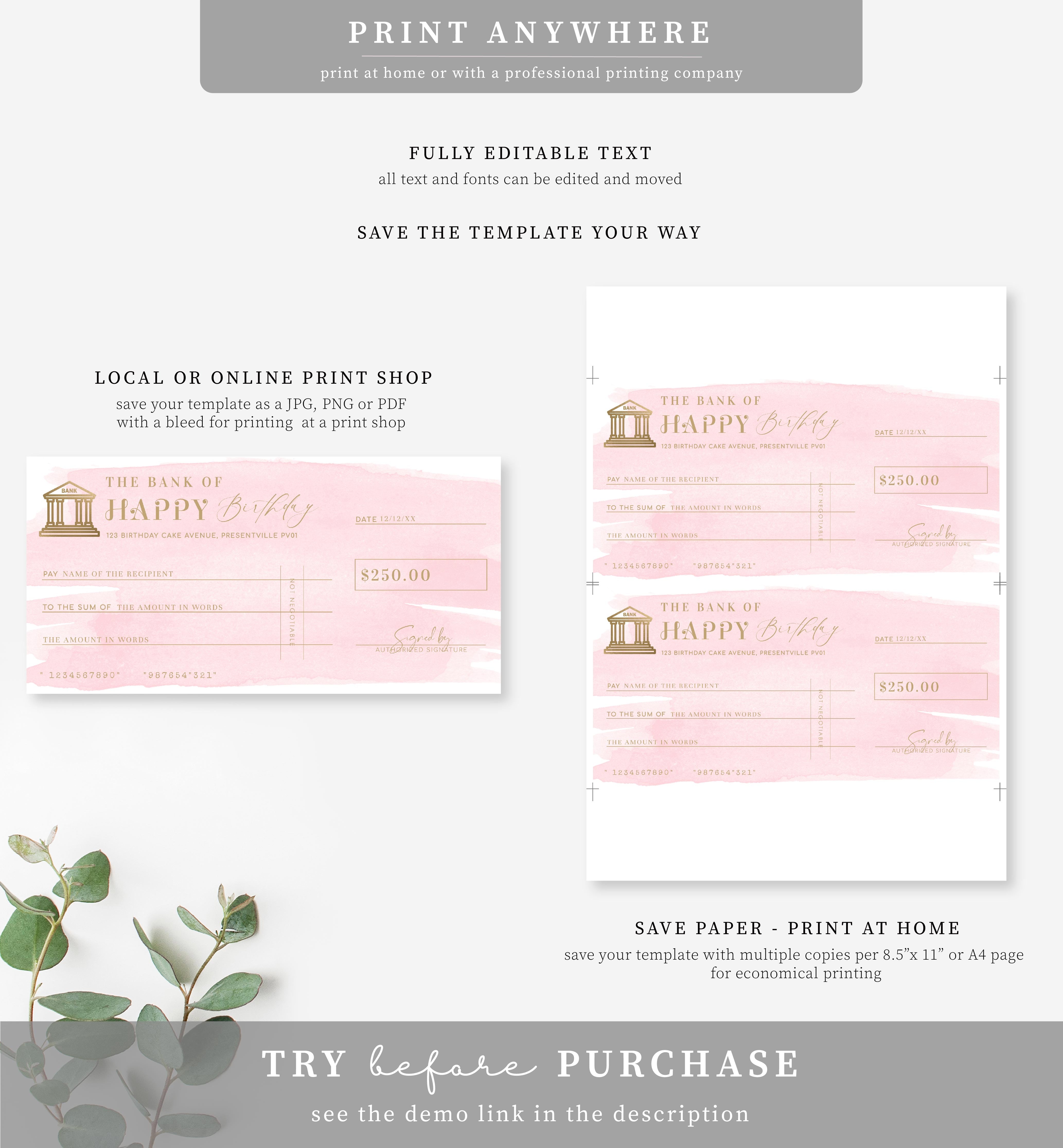 Watercolour Pink | Printable Birthday Cheque Gift Voucher Template ...