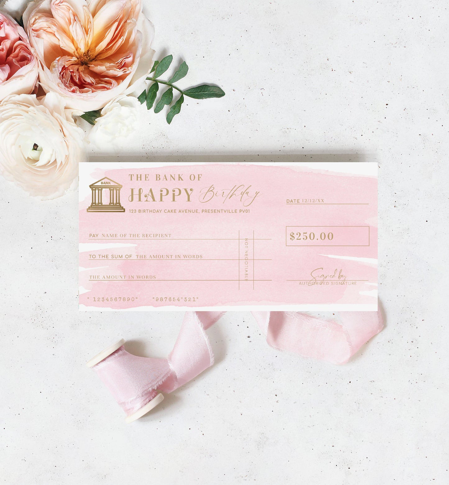 Watercolour Pink | Printable Birthday Cheque Gift Voucher Template