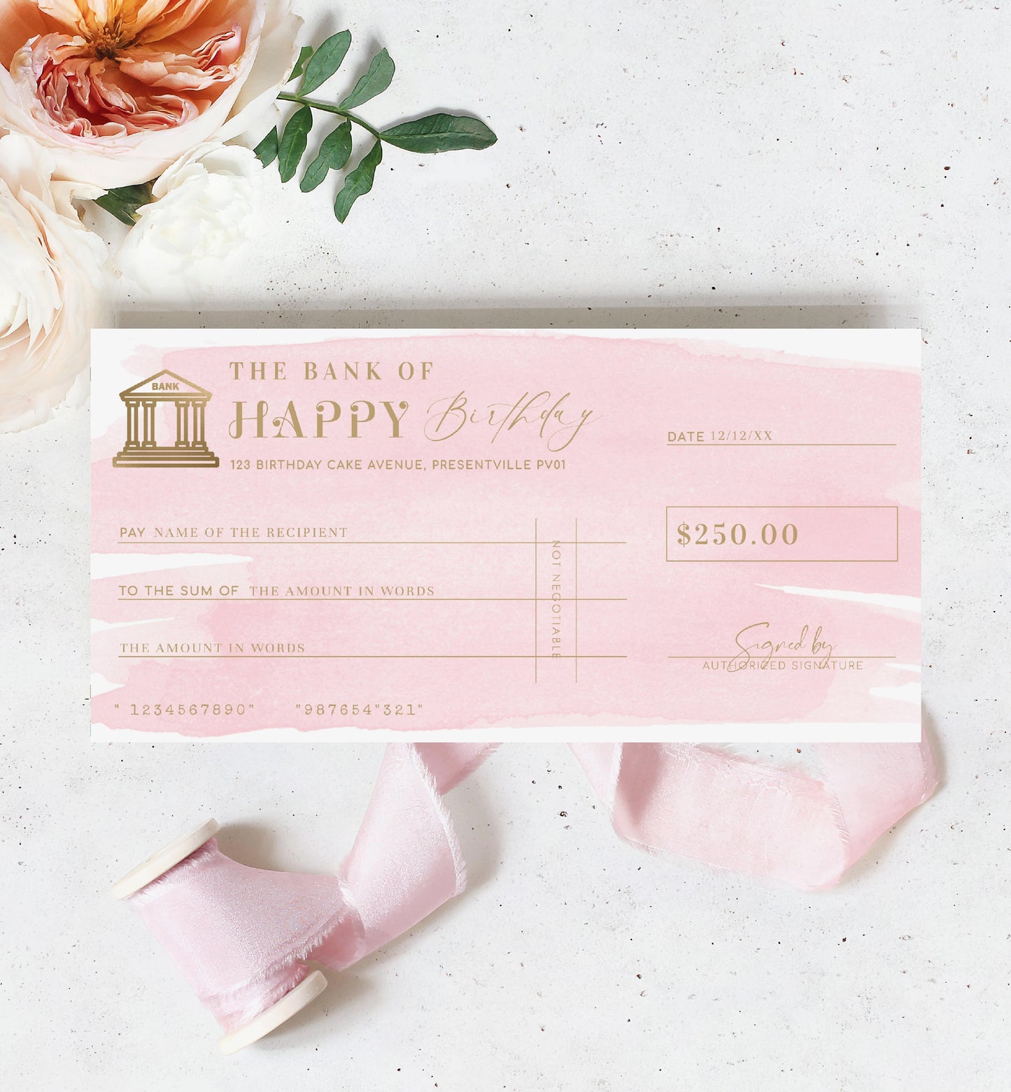 Watercolour Pink | Printable Birthday Cheque Gift Voucher Template