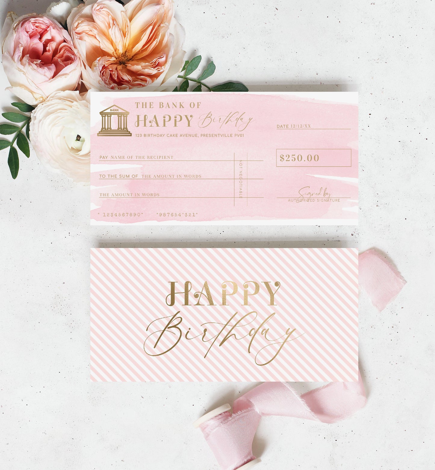 Watercolour Pink | Printable Birthday Cheque Gift Voucher Template