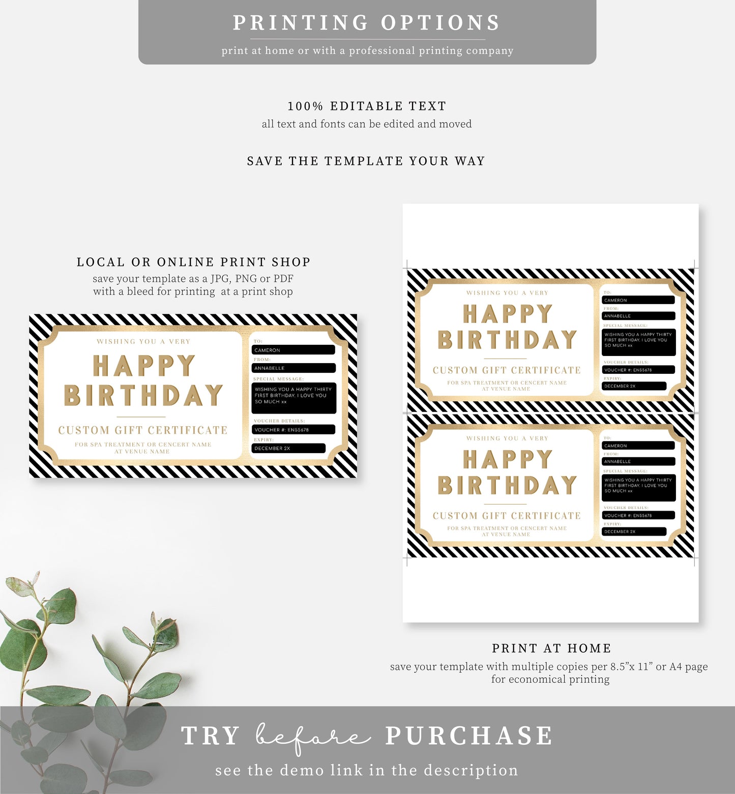 Stripe Black White | Printable Custom Gift Voucher