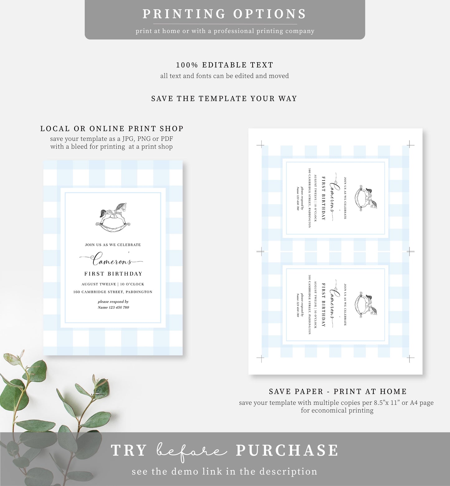 Gingham Blue Rocking Horse | Printable Birthday Invitation Template