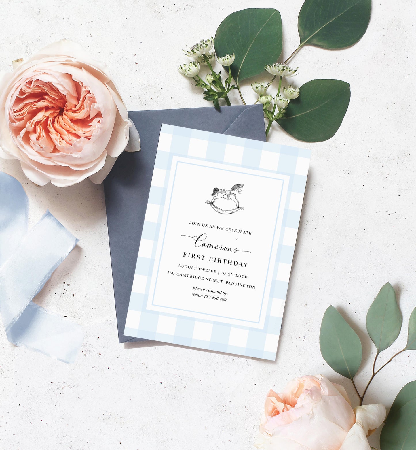 Gingham Blue Rocking Horse | Printable Birthday Invitation Template