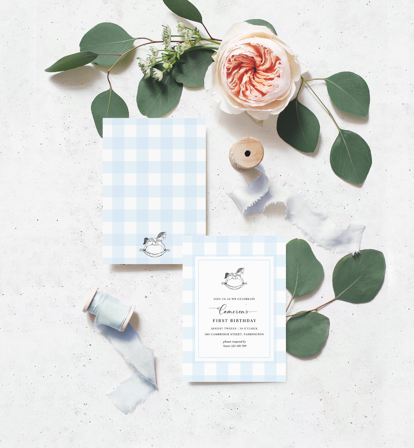 Gingham Blue Rocking Horse | Printable Birthday Invitation Template