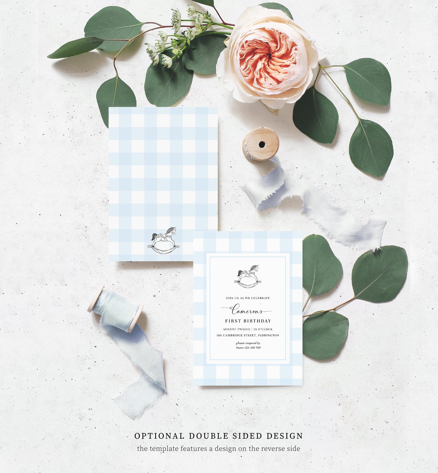 Gingham Blue Rocking Horse | Printable Birthday Invitation Template