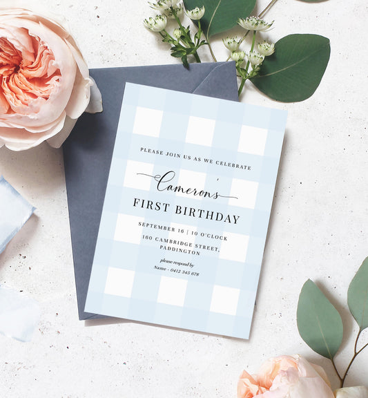 Gingham Blue | Printable Birthday Invitation Template