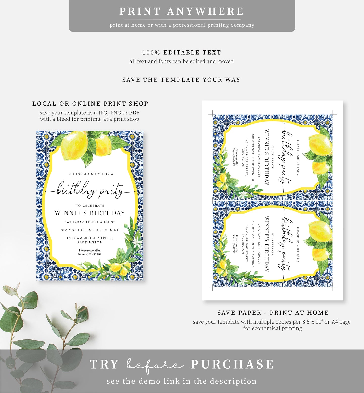 Positano Lemons | Printable Birthday Party Invitation Template