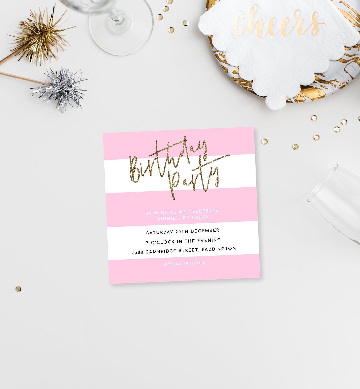 Stripe Pink | Printable Birthday Invitation - Black Bow Studio