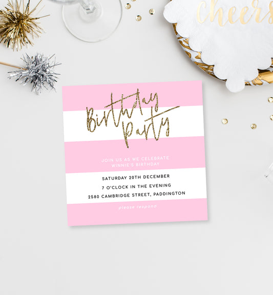 Stripe Pink | Printable Birthday Invitation - Black Bow Studio