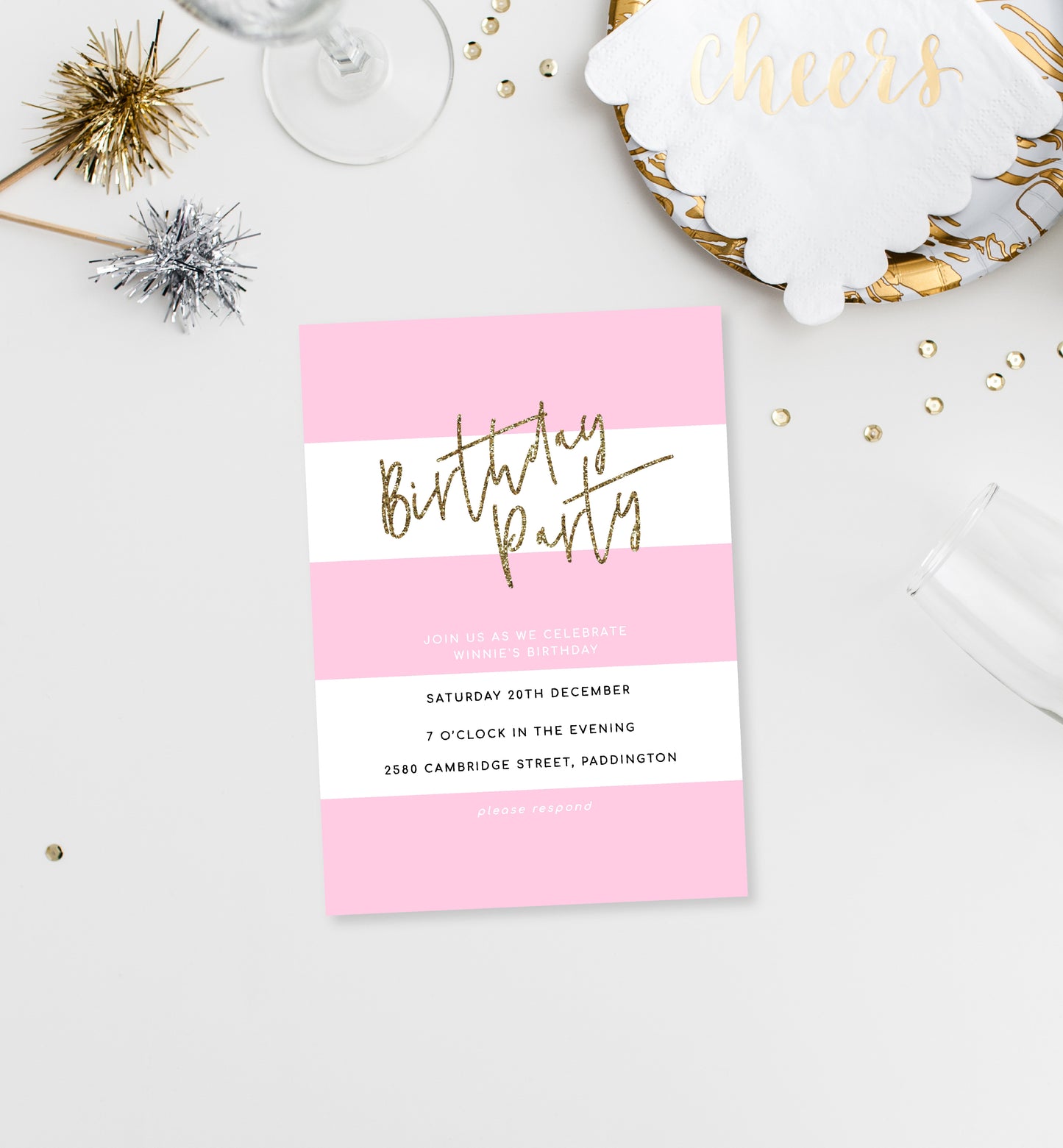 Stripe Pink | Printable Birthday Invitation - Black Bow Studio