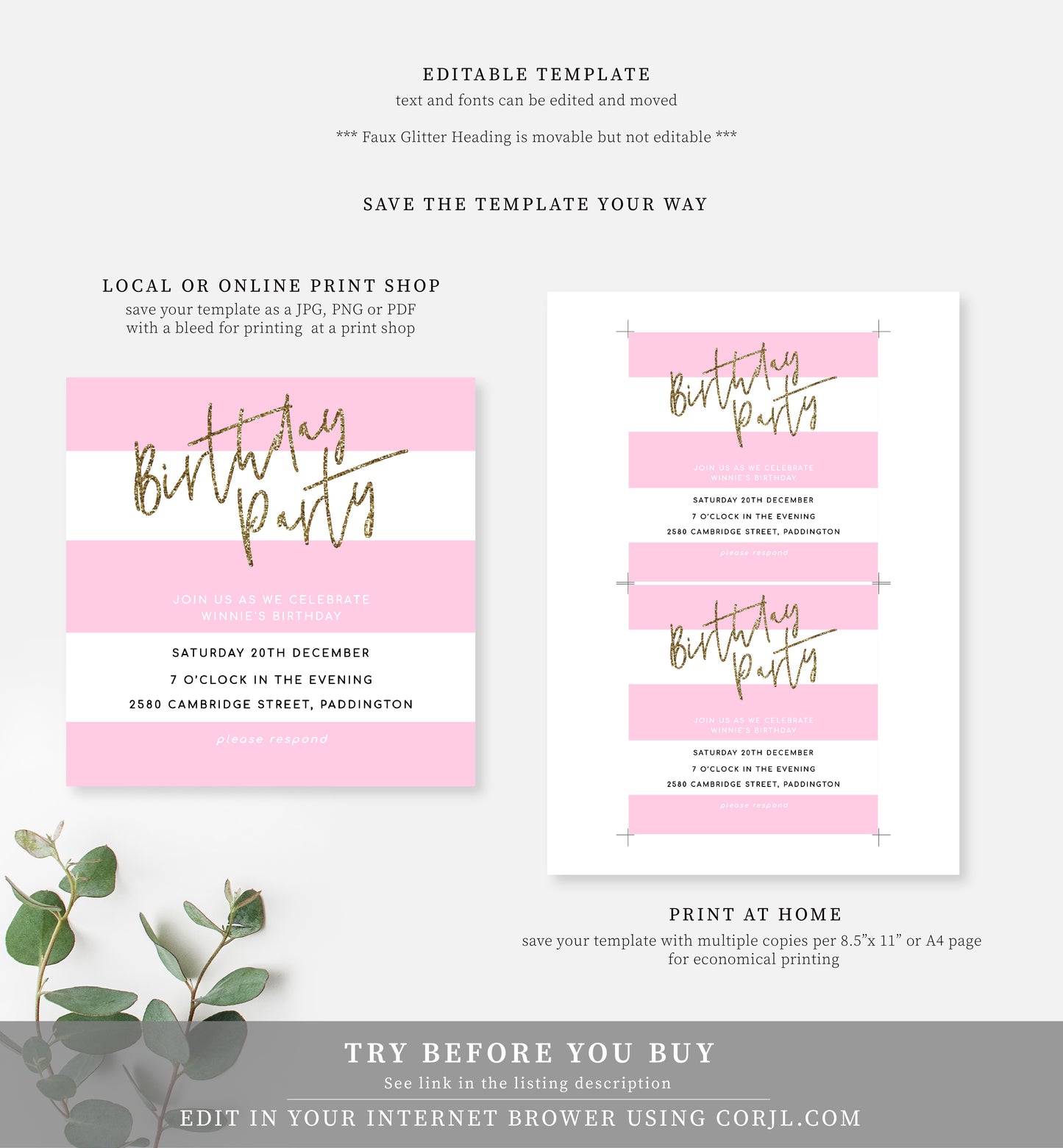 Stripe Pink | Printable Birthday Invitation - Black Bow Studio